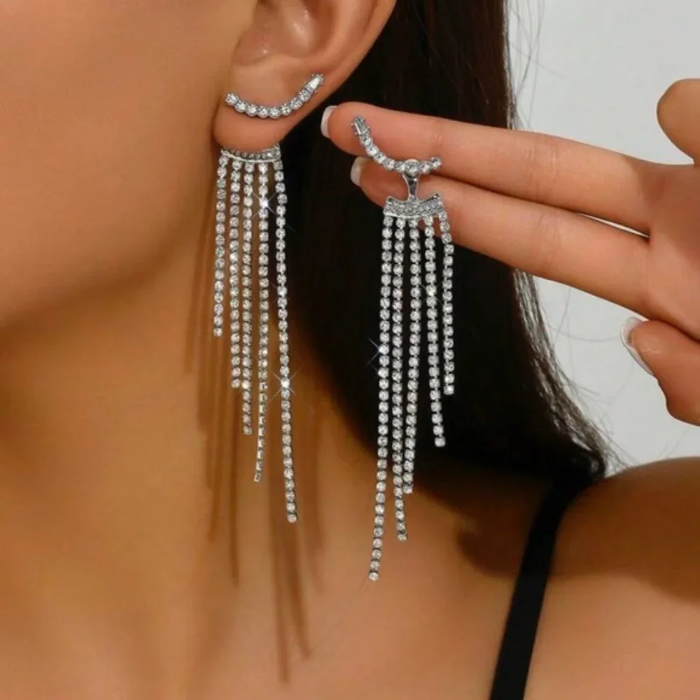 Silver Rhinestone Elegant Tassel Drop Earrings For Wedding Party Gift Women